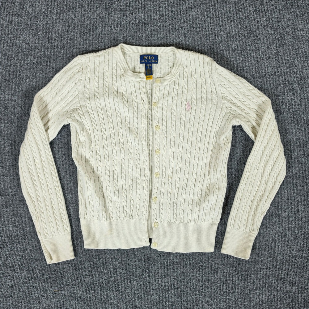 Polo Ralph Lauren Girls Large 12-14 Cream Cable Knit Cardigan Pink Pony Logo